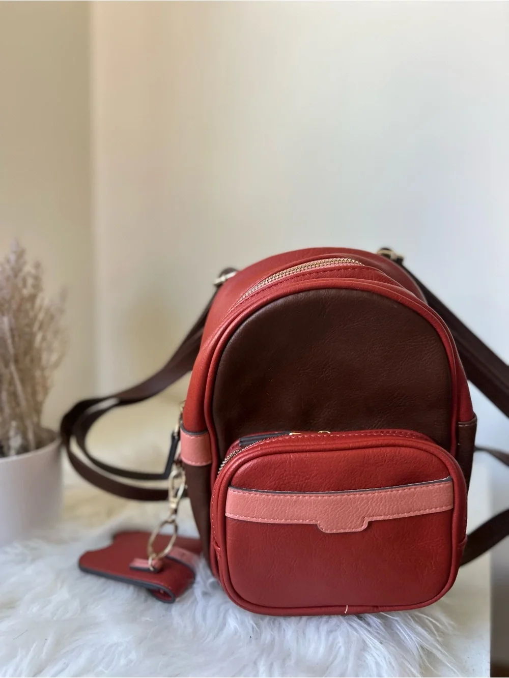 No boundaries Compact Two-Tone Leather Mini Backpack in Red and Brown new